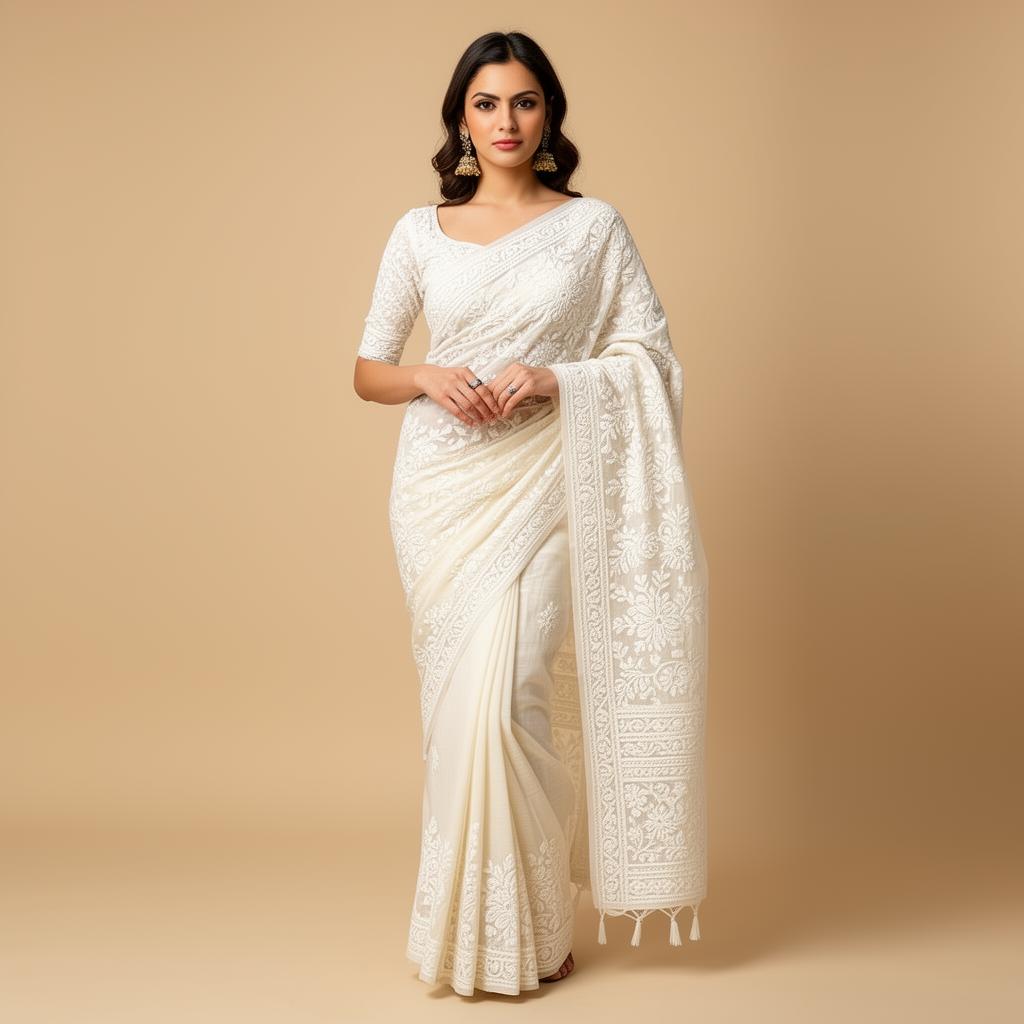Chikankari Cotton Saree — Off White